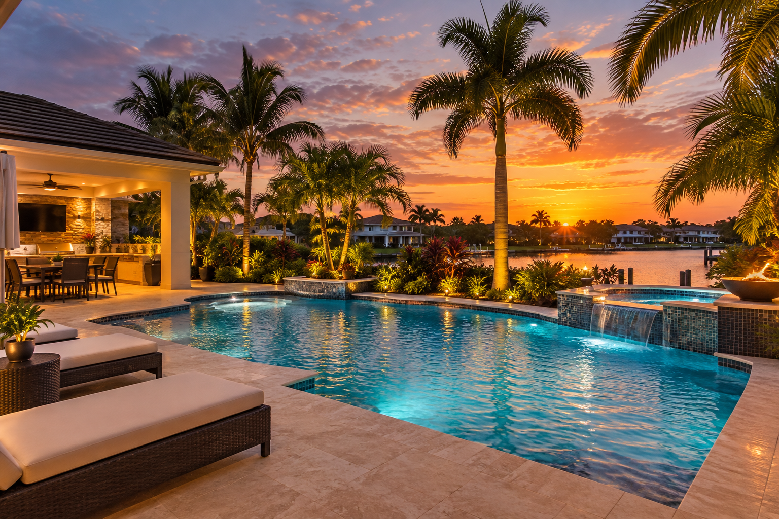Luxury Florida backyard with swimming pool at sunset
